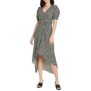 A New Day Floral Short Puff Sleeve Crepe Midi Dress Size XL Black Off-White New